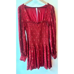 Free People XS Red Floral Mini Dress Long Balloon sleeve.  2500